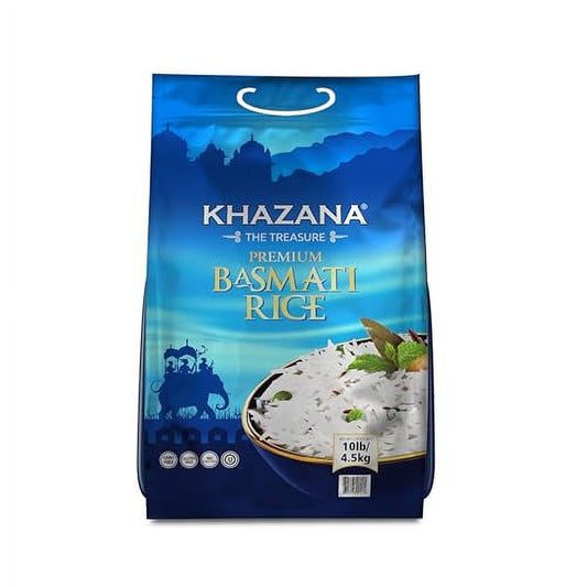 Khazana Authentic Premium Basmati .. Rice - 10lb Resealable .. Zipper Bag | Non-GMO, .. Gluten-Free, Kosher & Cholesterol-Free .. | Aromatic & Flavorful .. Grain From India