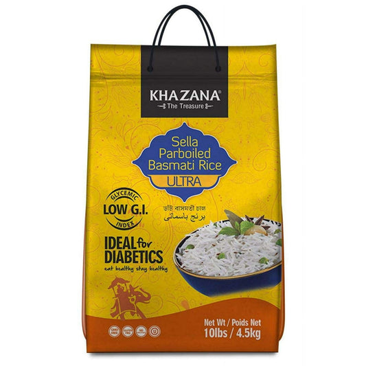 Khazana Ideal for Diabetics Low G.I. Index Value Sella Parboiled Basmati Rice Ultra - 10 lbs